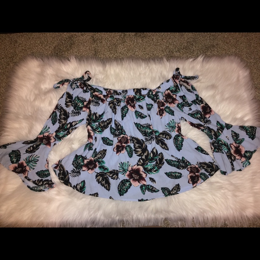 Blue Over the Shoulder Floral Blouse